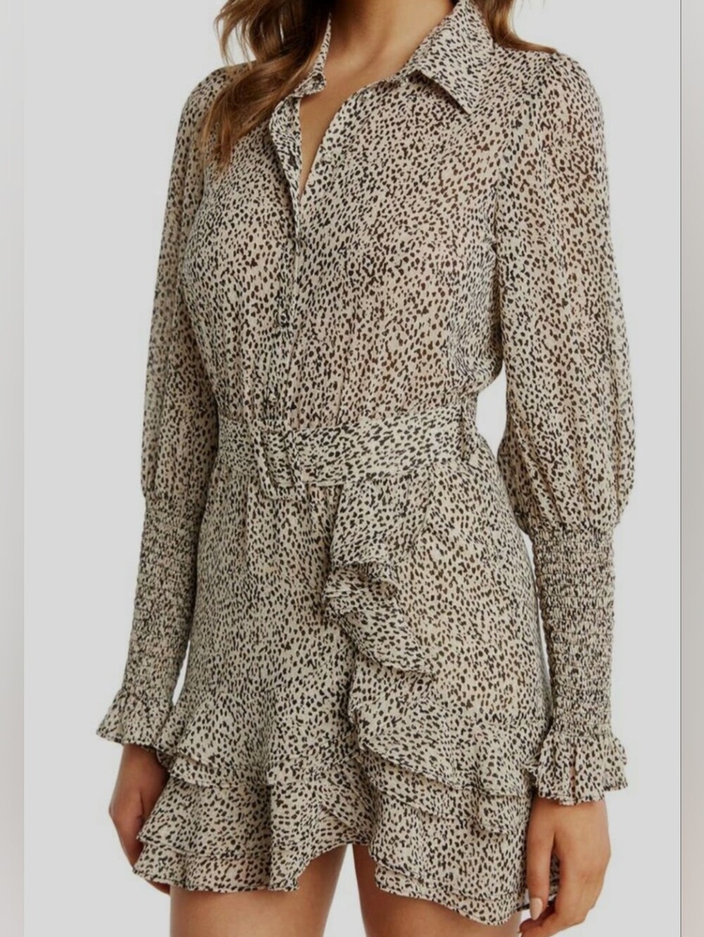 Bardot Bessie Animal Print Ruffle Long Sleeve Belted Mini Dress Size US 6 Small